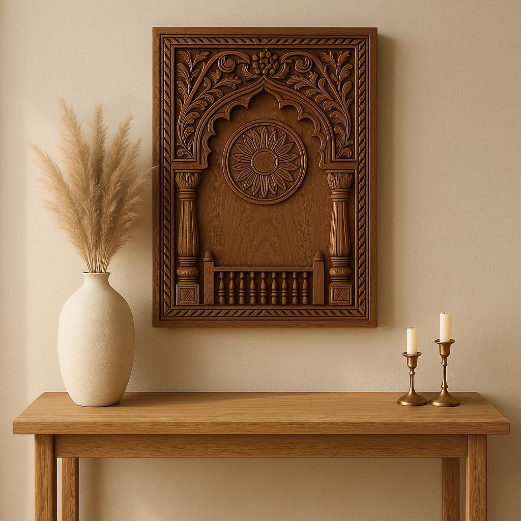 Carved Wooden Jharokha Wall Panel - Boho Distressed Decor