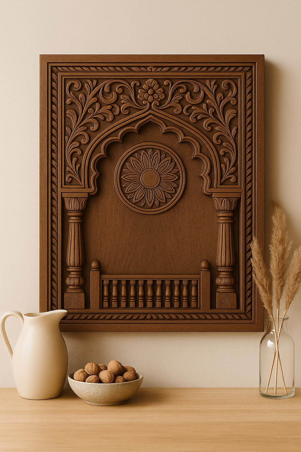 Carved Wooden Jharokha Wall Panel - Boho Distressed Decor