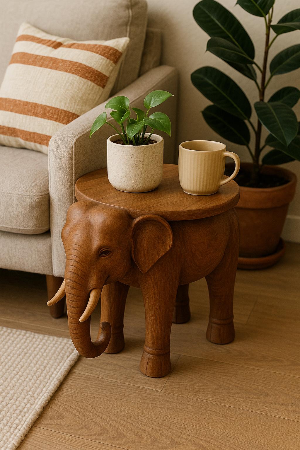 Walnut Elephant Side Table - Wooden Stool