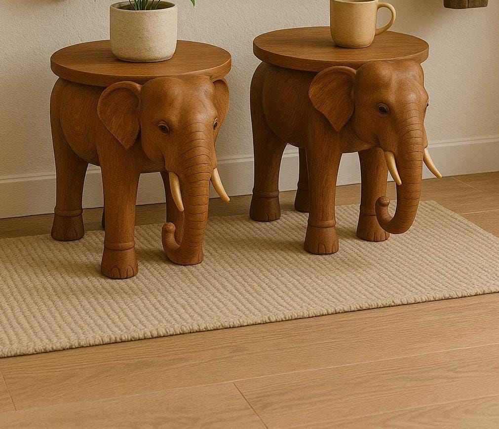 Walnut Elephant Side Table - Wooden Stool
