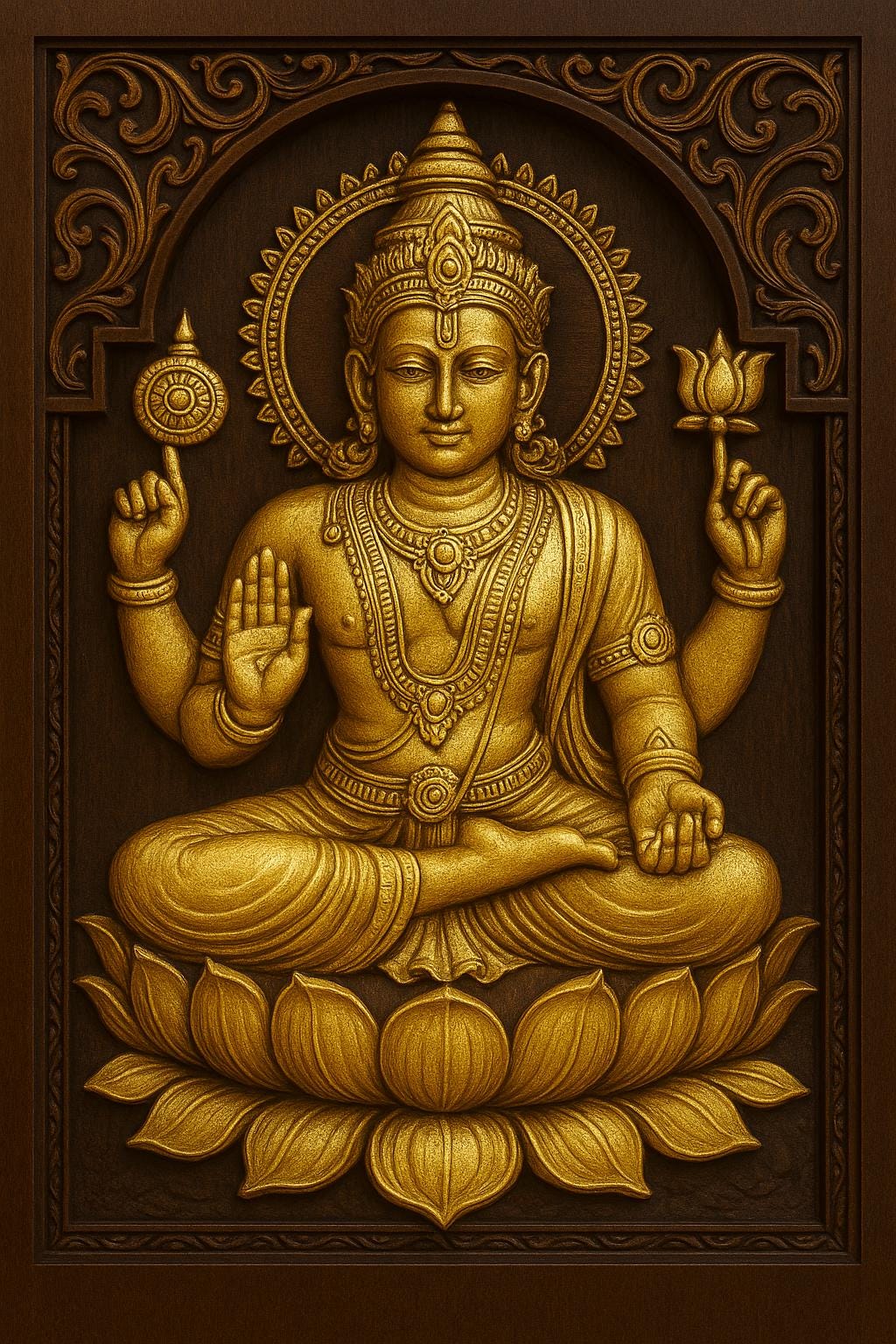 Teak Wood Vishnu Wall Panel - 3D Relief