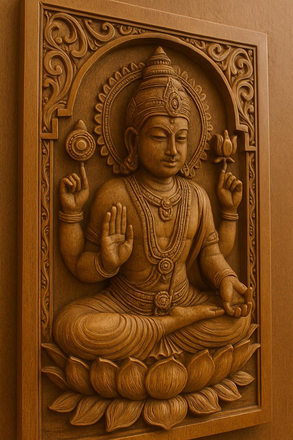Teak Wood Vishnu Wall Panel - 3D Relief