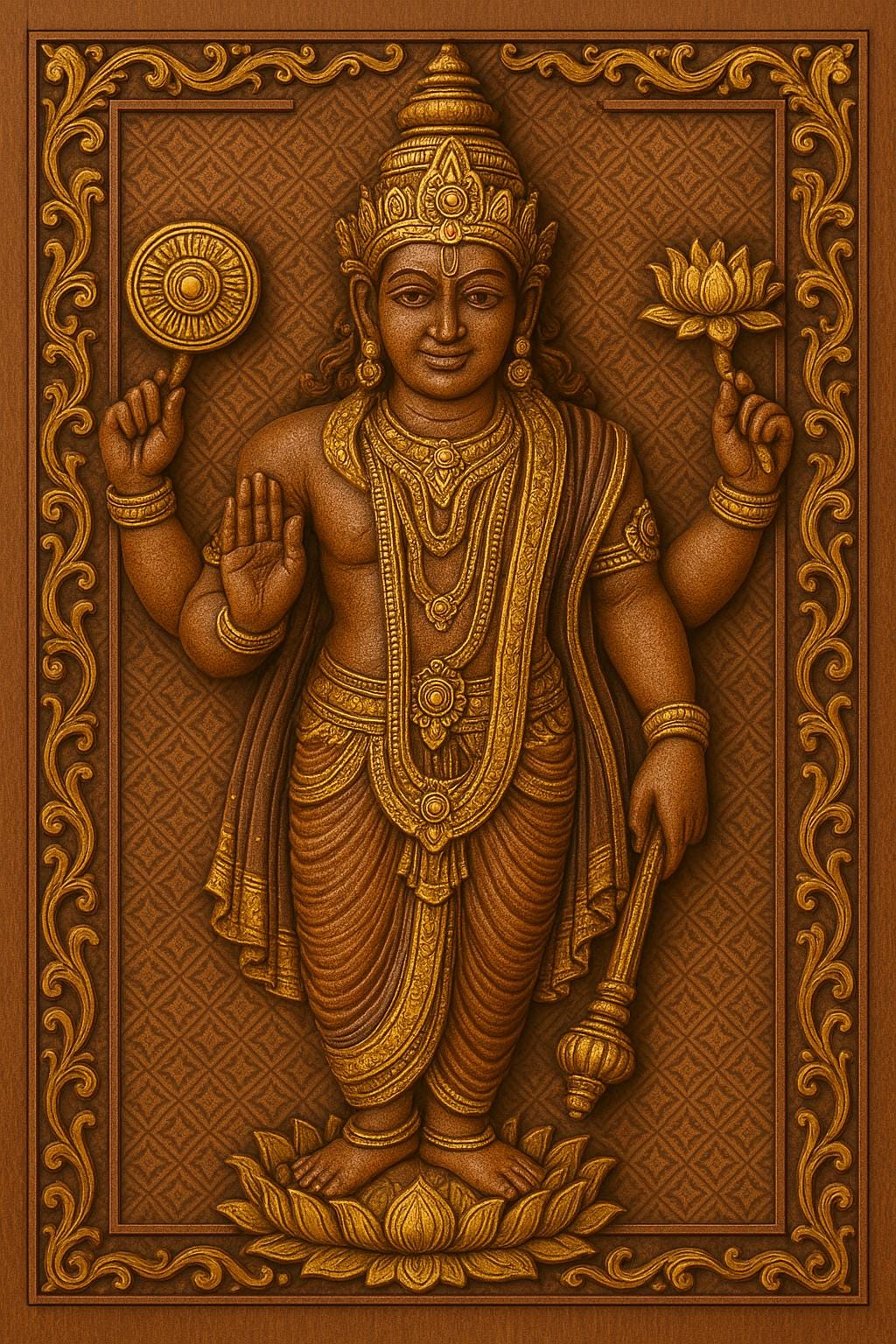 Teak Wood Vishnu Wall Panel - 3D Relief