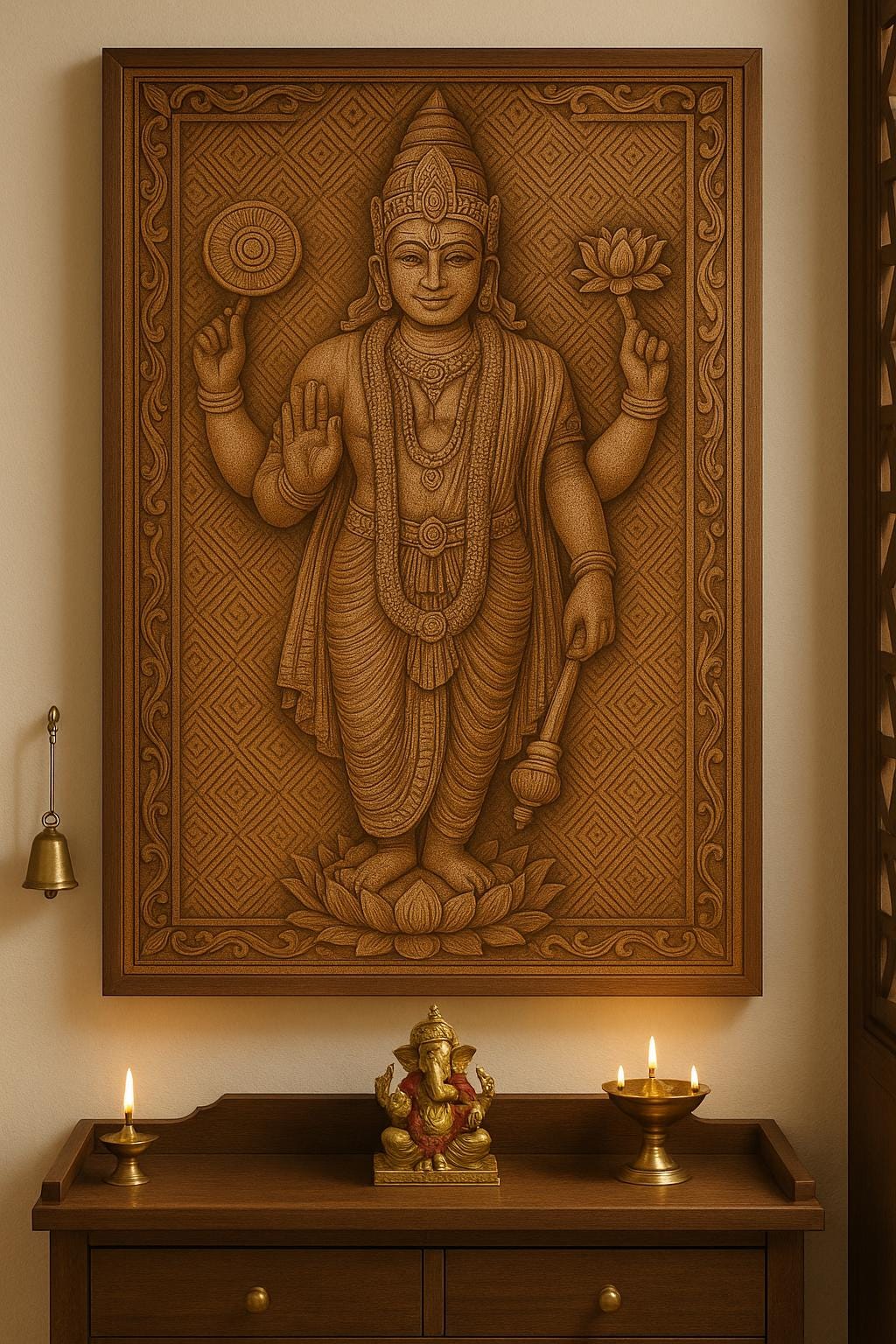 Lord Vishnu Wall Art - Carved Wood Pooja Panel