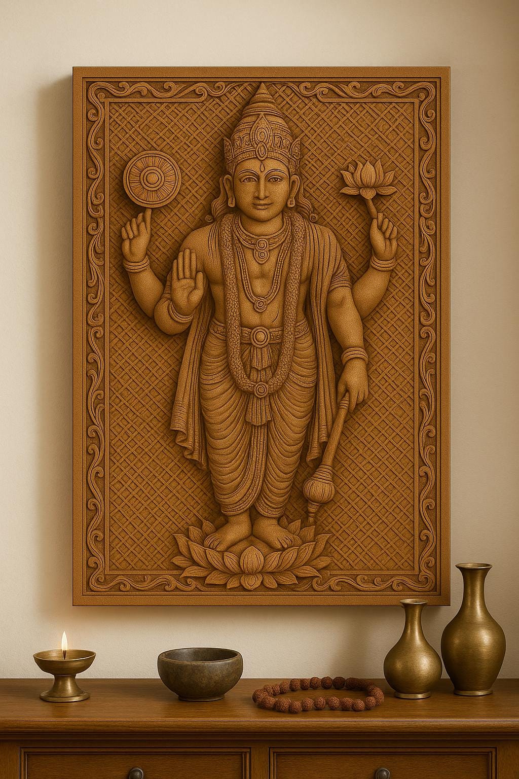 Lord Vishnu Wall Art - Carved Wood Pooja Panel