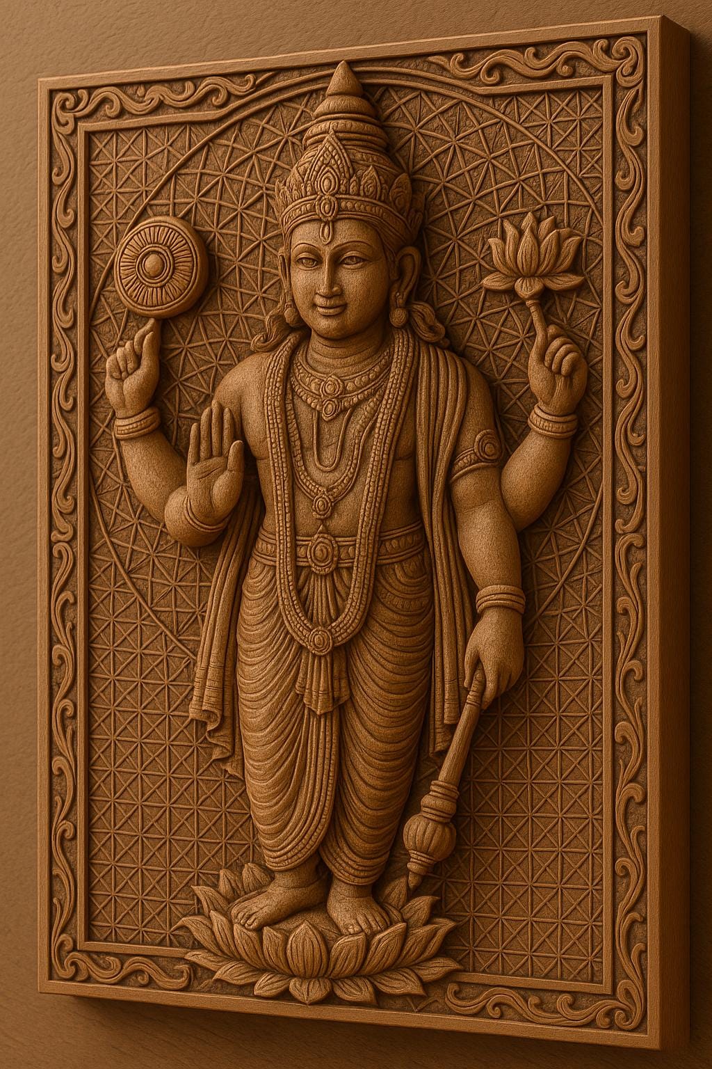 Lord Vishnu Wall Art - Carved Wood Pooja Panel