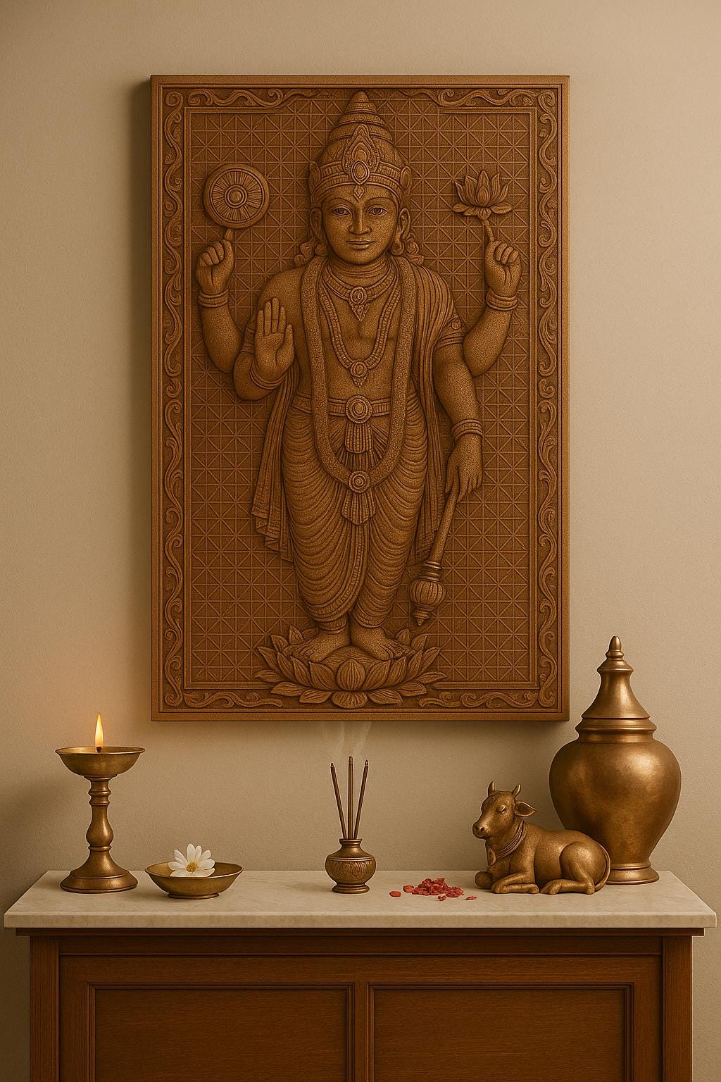 Lord Vishnu Wall Art - Carved Wood Pooja Panel