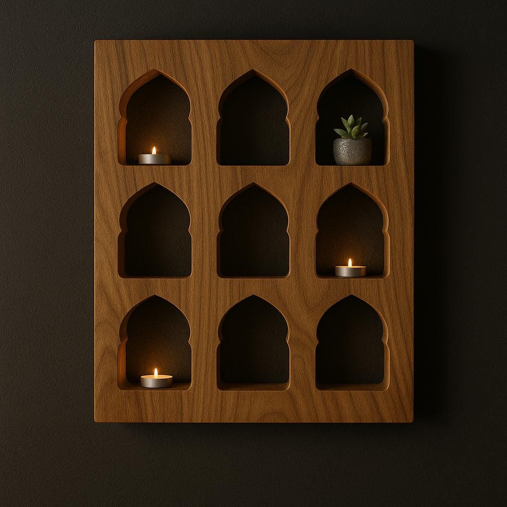 Teak Jharokha Wall Shelf - 9 Niche Wooden Display