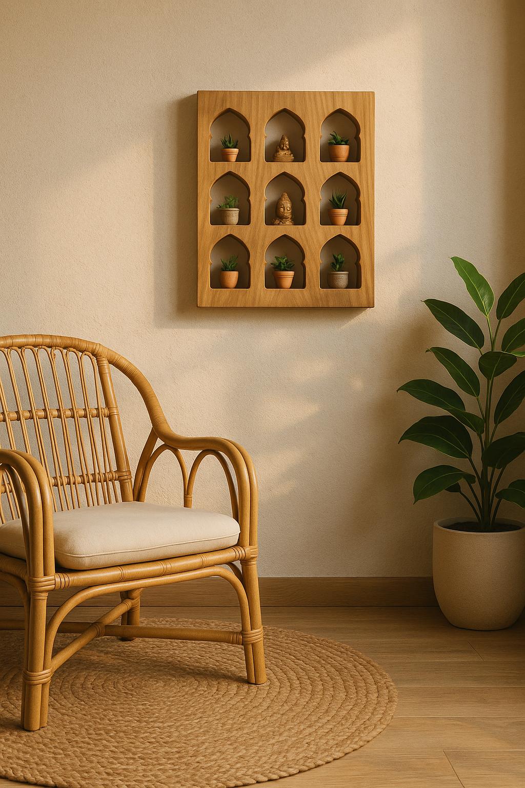 Teak Jharokha Wall Shelf - 9 Niche Wooden Display