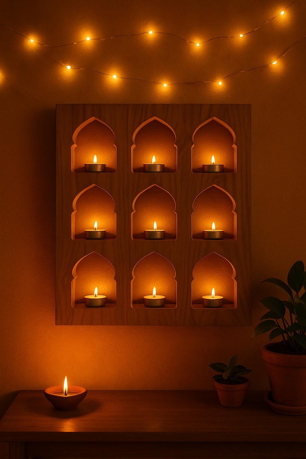 Teak Jharokha Wall Shelf - 9 Niche Wooden Display