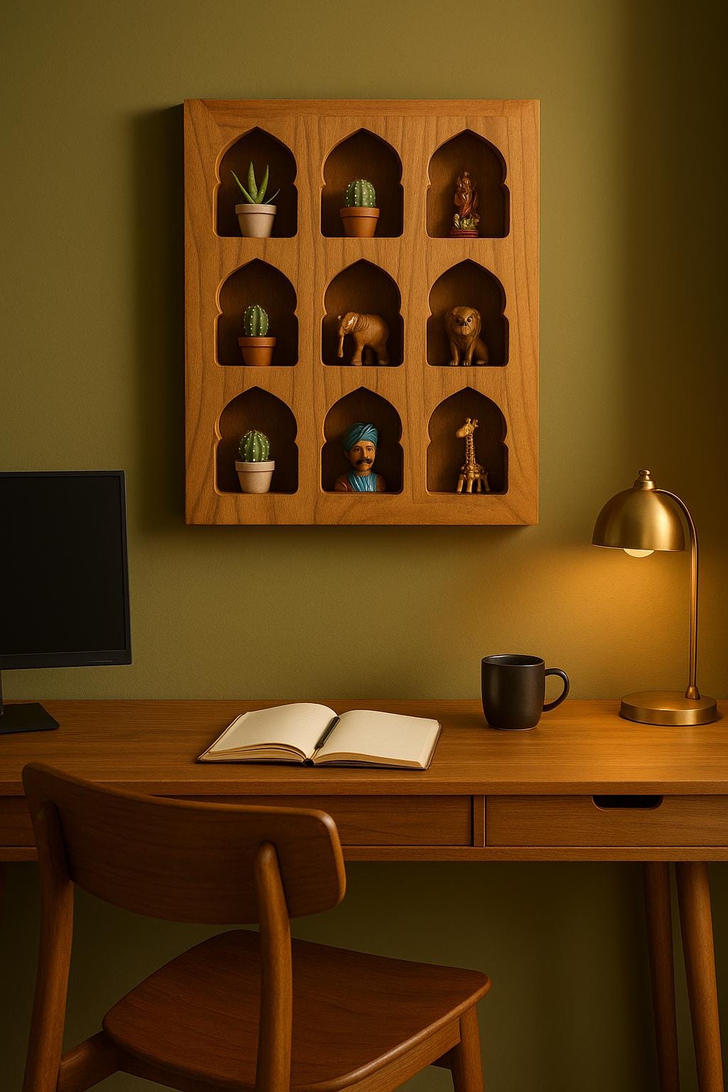 Teak Jharokha Wall Shelf - 9 Niche Wooden Display