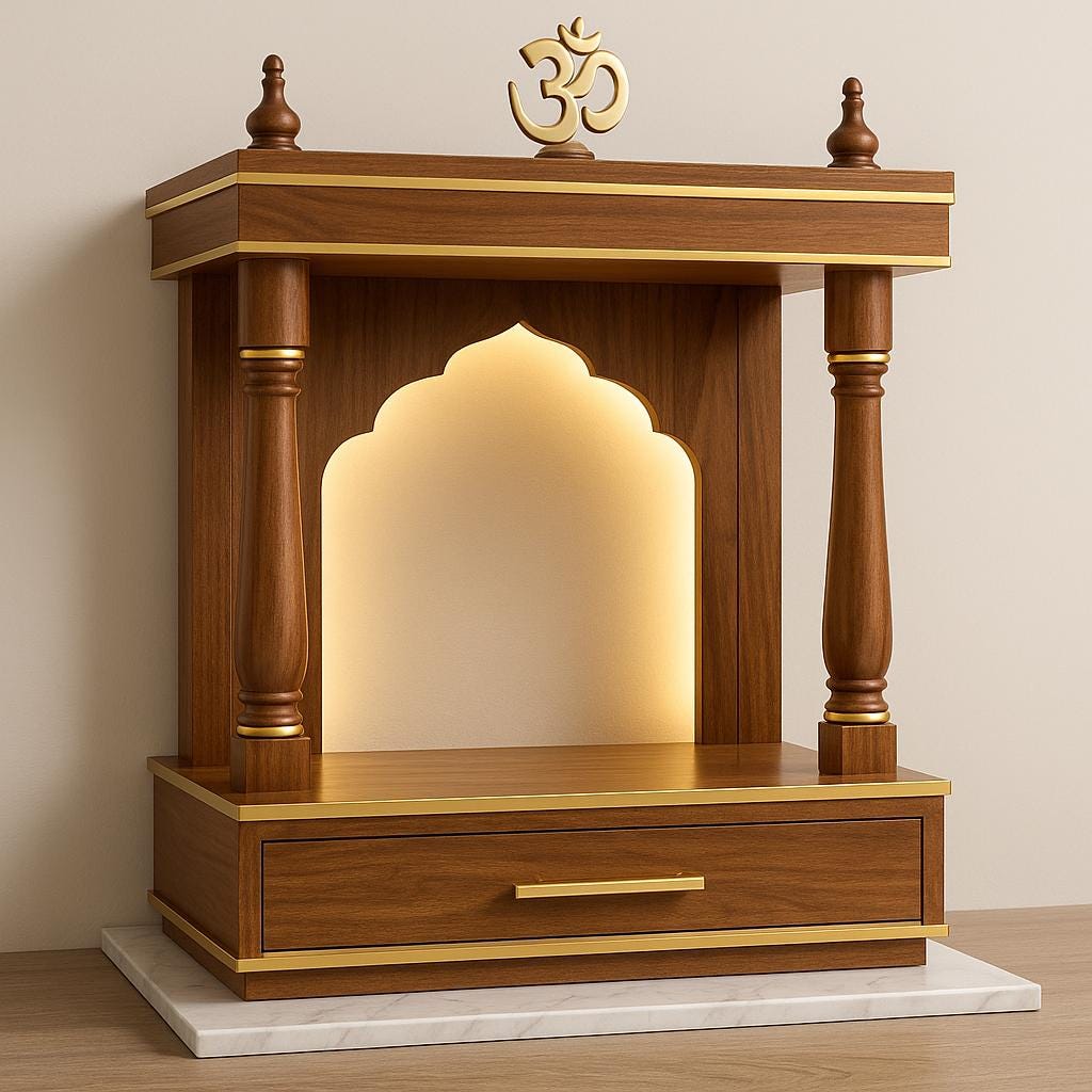 Wooden Mandir Temple - Teak Walnut with Drawer & Bells