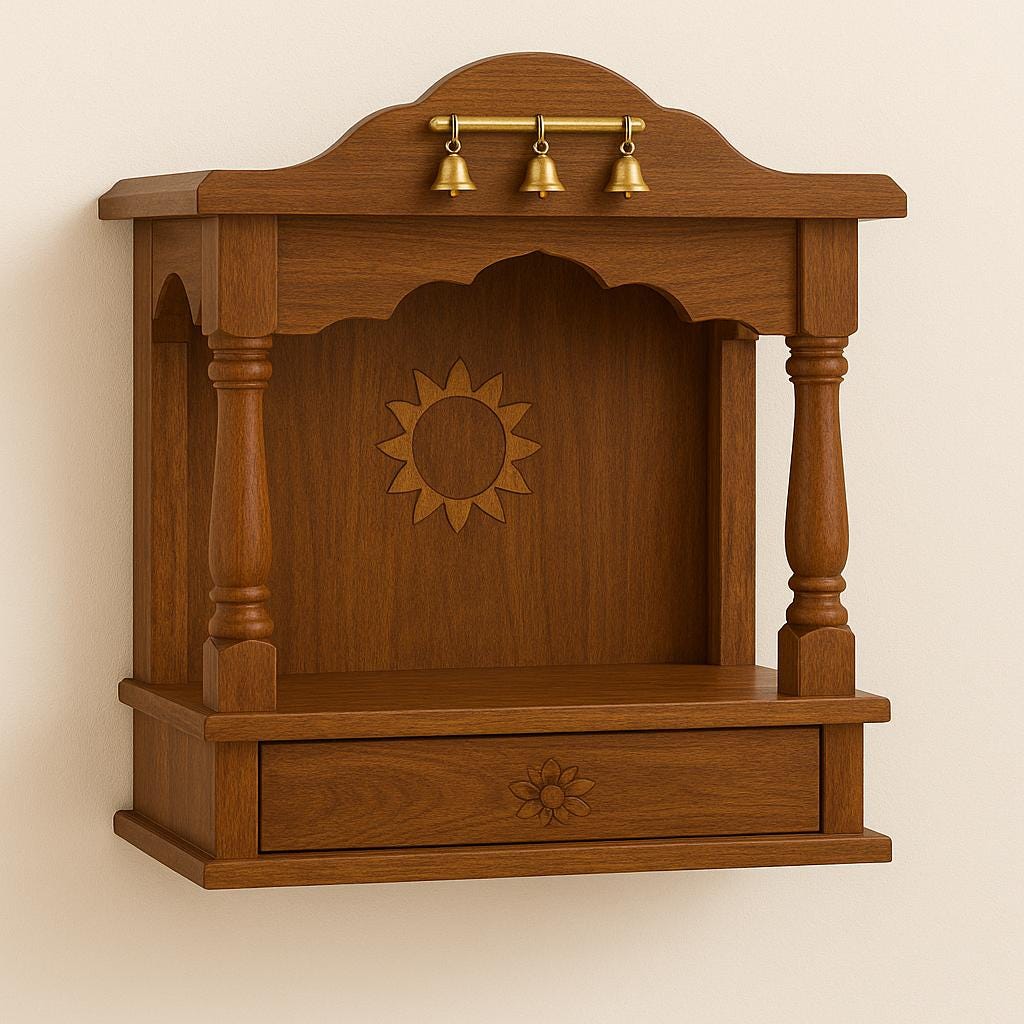 Wooden Mandir Temple - Teak Walnut with Drawer & Bells