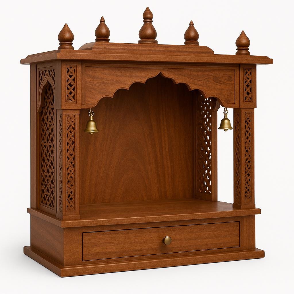 Wooden Mandir Temple - Teak Walnut with Drawer & Bells