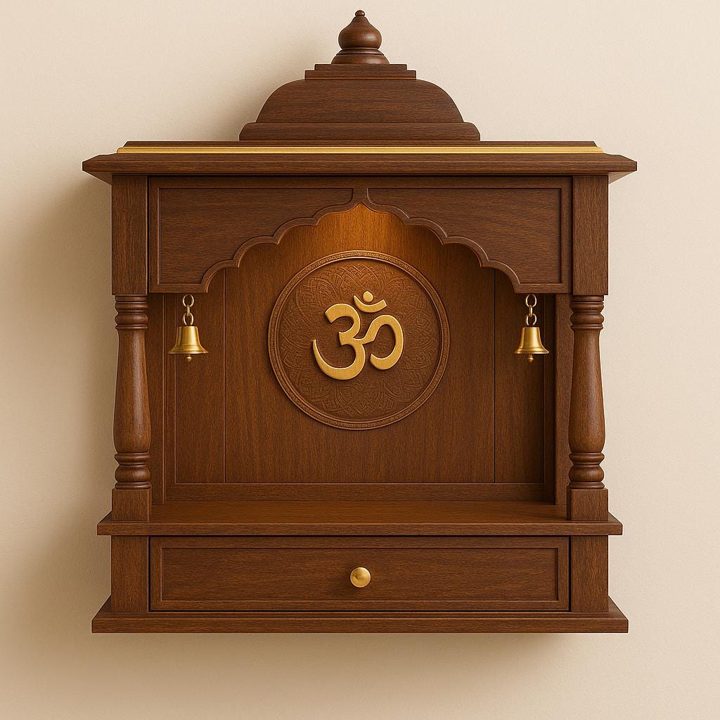 Wooden Mandir Temple - Teak Walnut with Drawer & Bells
