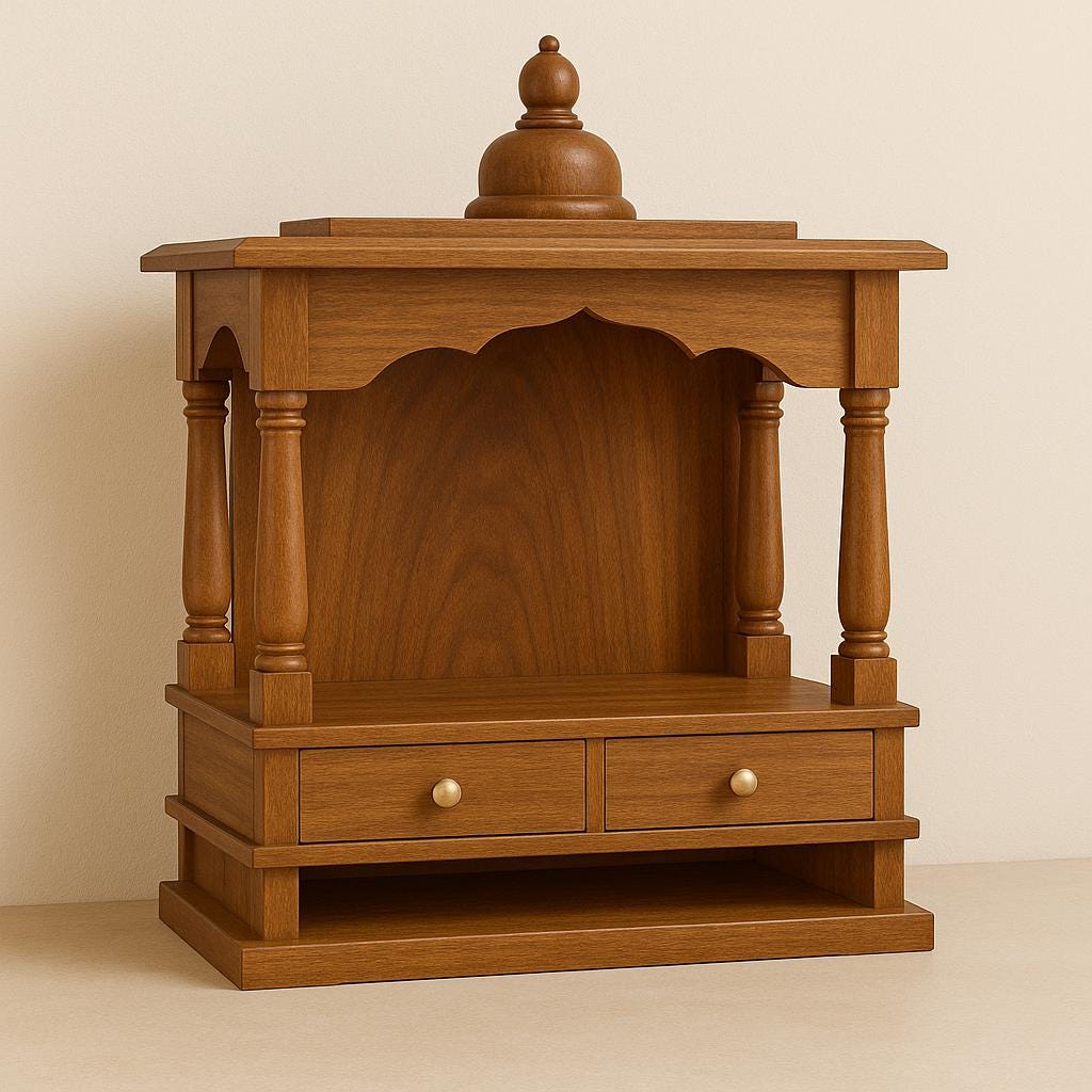 Wooden Mandir Temple - Teak Walnut with Drawer & Bells