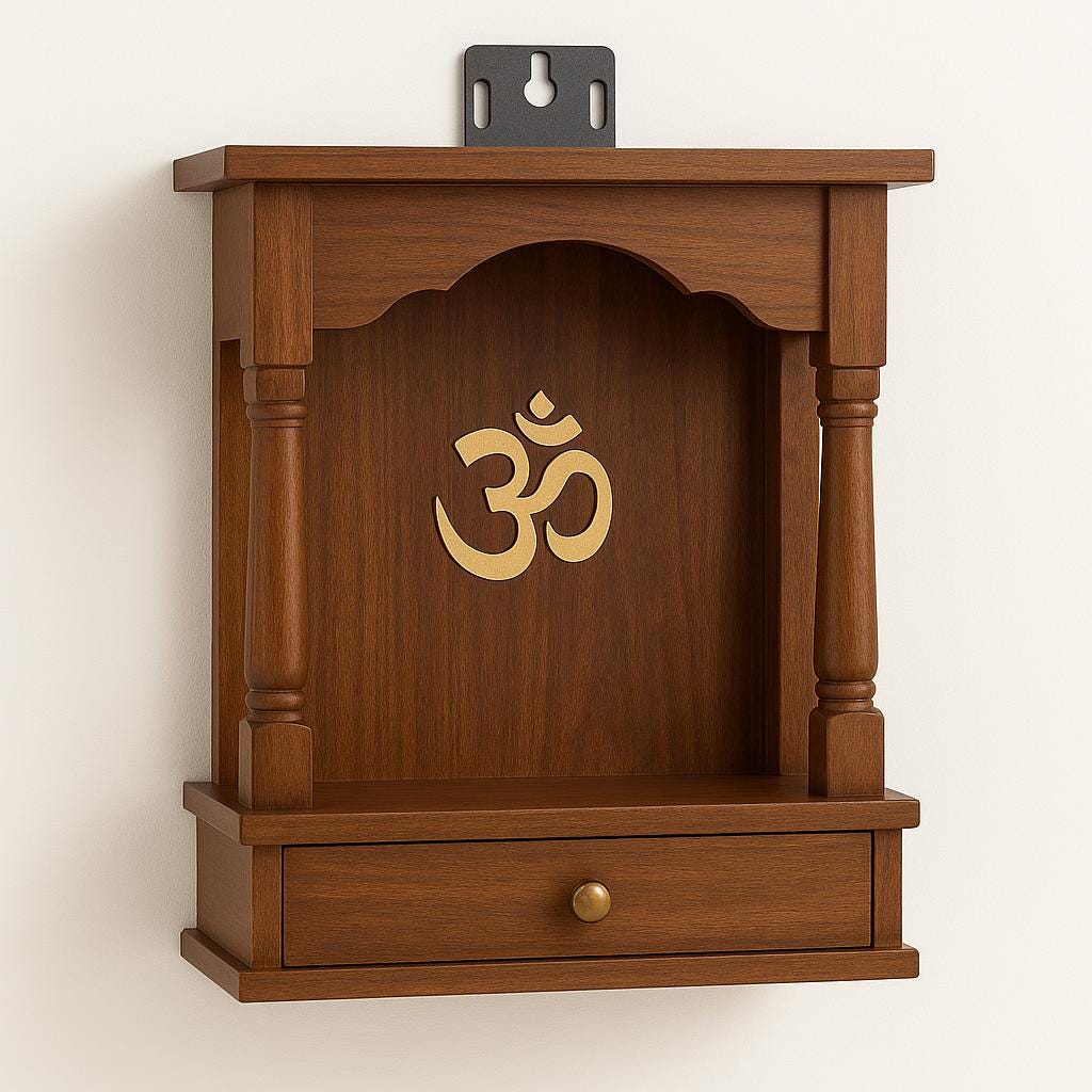 Wooden Mandir Temple - Teak Walnut with Drawer & Bells
