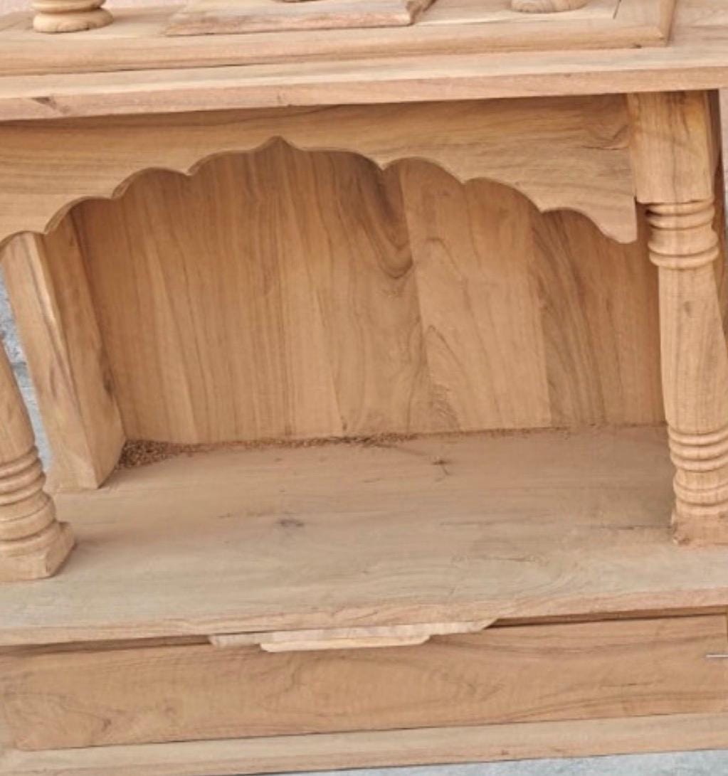 Wooden Mandir Temple - Teak Walnut with Drawer & Bells
