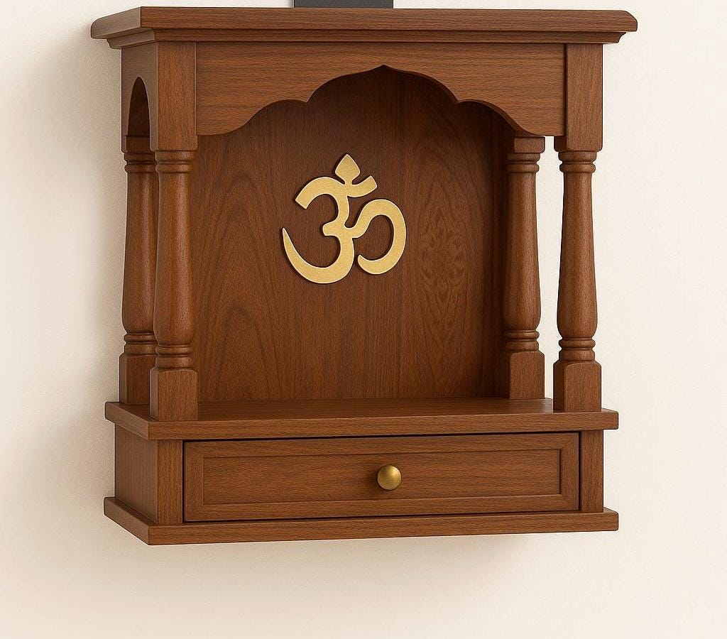 Wooden Mandir Temple - Teak Walnut with Drawer & Bells