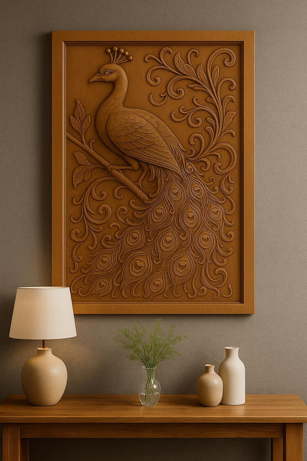 Peacock Mandala Wall Art - Golden Line Panel