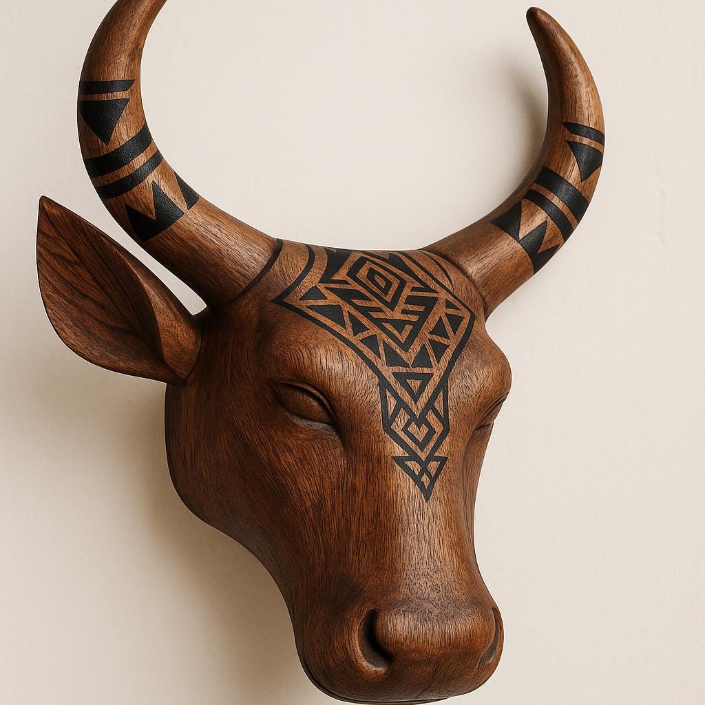 Wooden Bull Head Wall Decor - Walnut Tribal