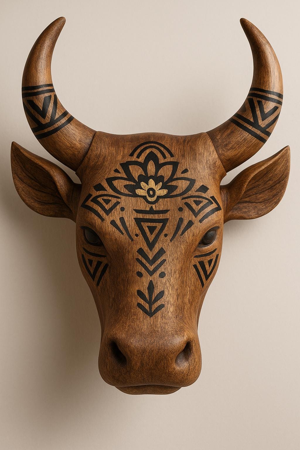 Wooden Bull Head Wall Decor - Walnut Tribal