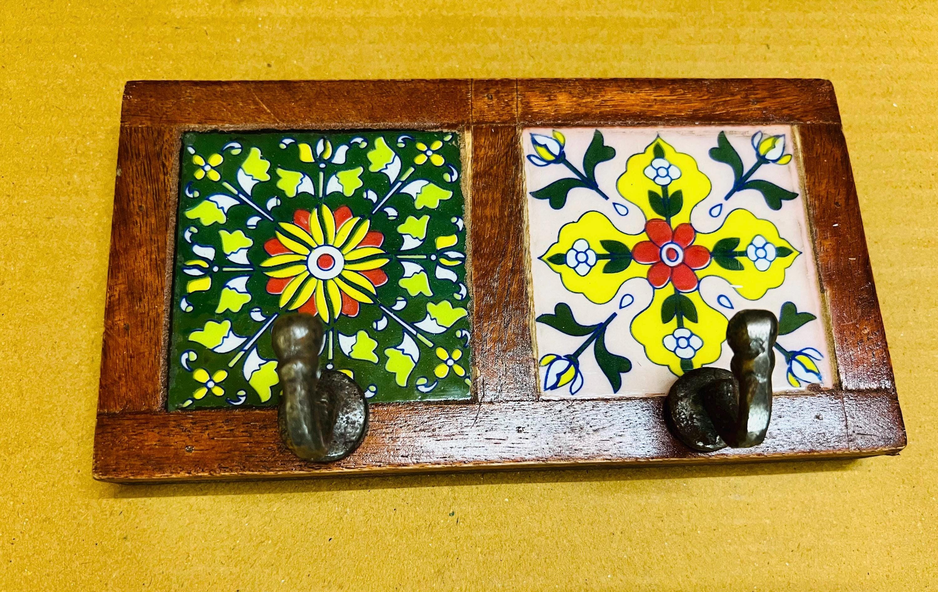 Handmade Wooden Wall Hook Rack  Floral Ceramic Tile Inlay