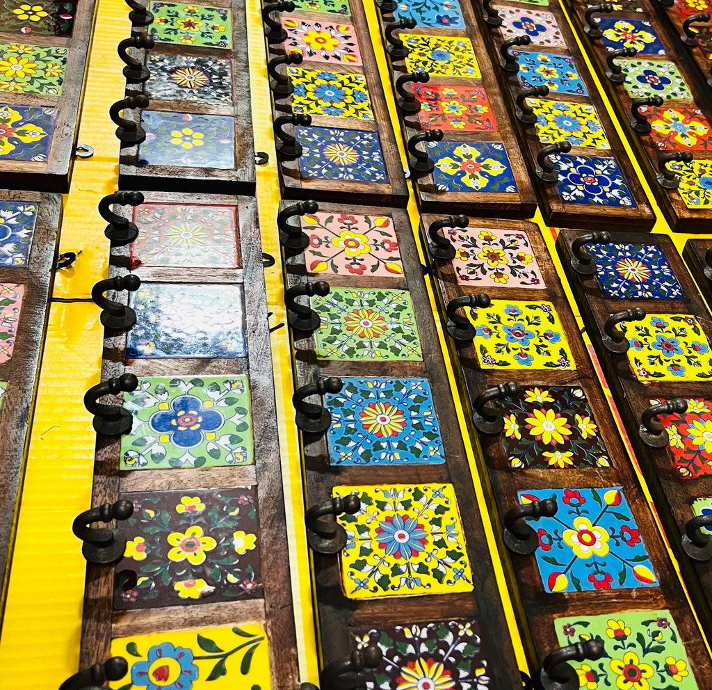 Handmade Wooden Wall Hook Rack  Floral Ceramic Tile Inlay