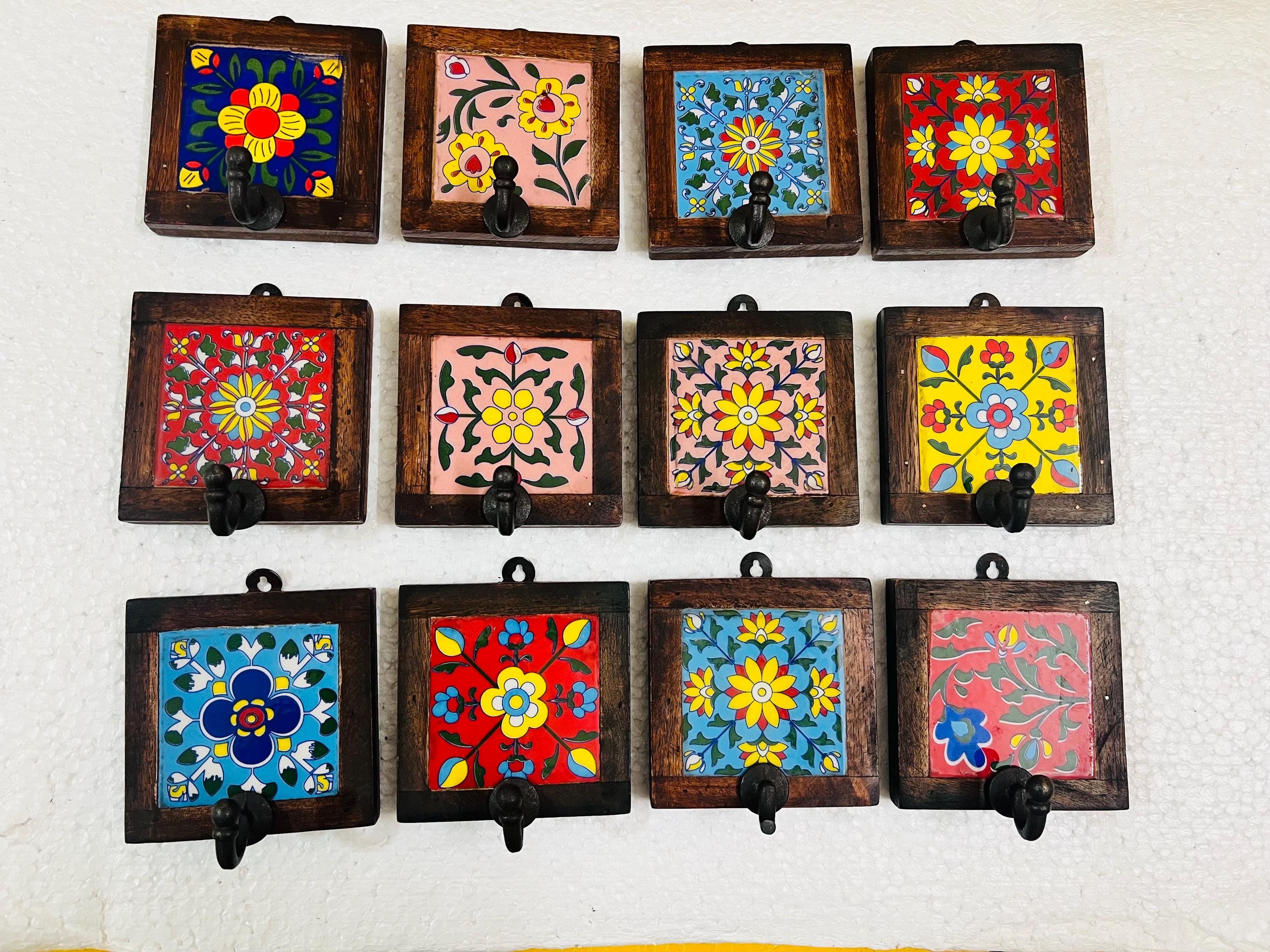 Handmade Wooden Wall Hook Rack  Floral Ceramic Tile Inlay