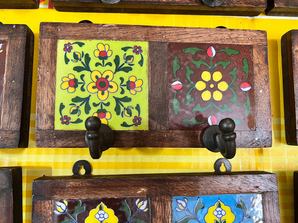 Handmade Wooden Wall Hook Rack  Floral Ceramic Tile Inlay
