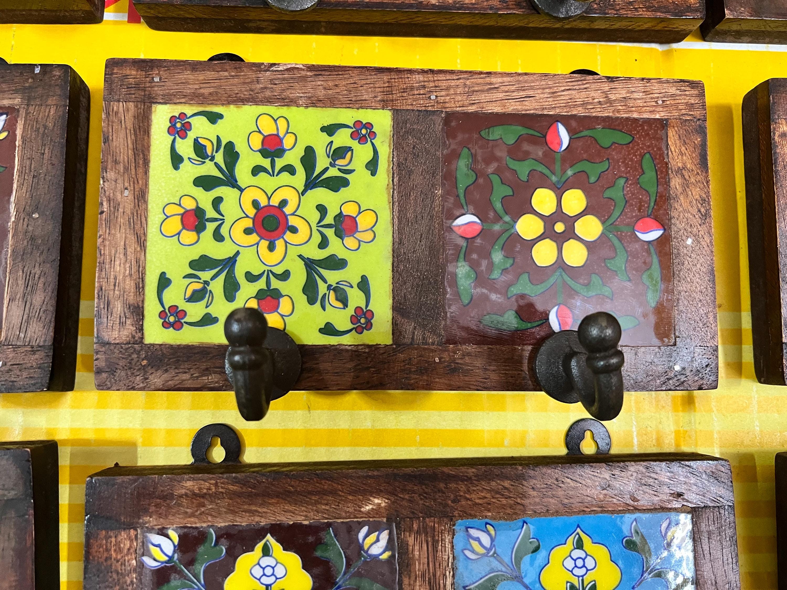 Handmade Wooden Wall Hook Rack  Floral Ceramic Tile Inlay
