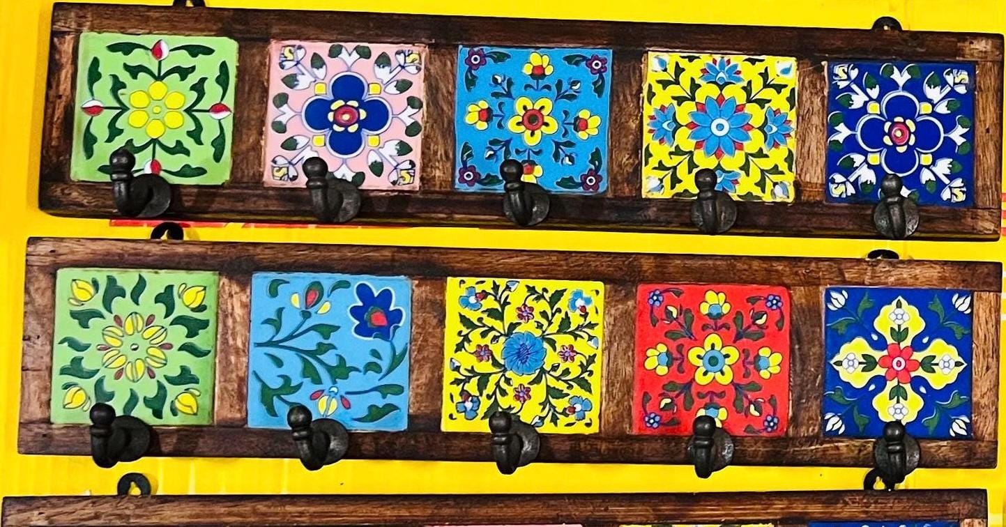 Handmade Wooden Wall Hook Rack  Floral Ceramic Tile Inlay