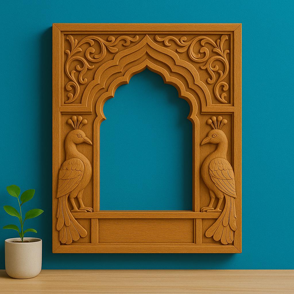 Peacock Jharokha Wall Frame - Teak Finish