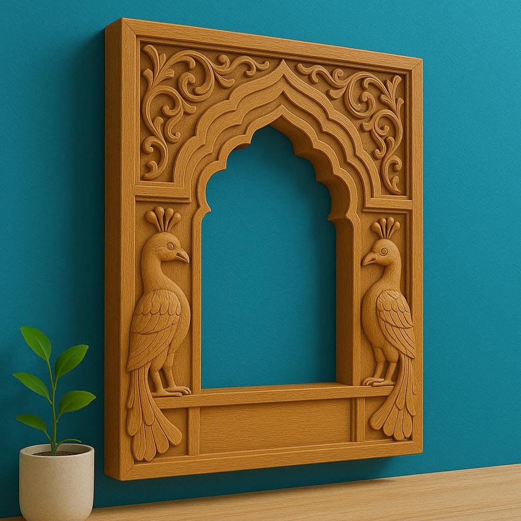 Peacock Jharokha Wall Frame - Teak Finish