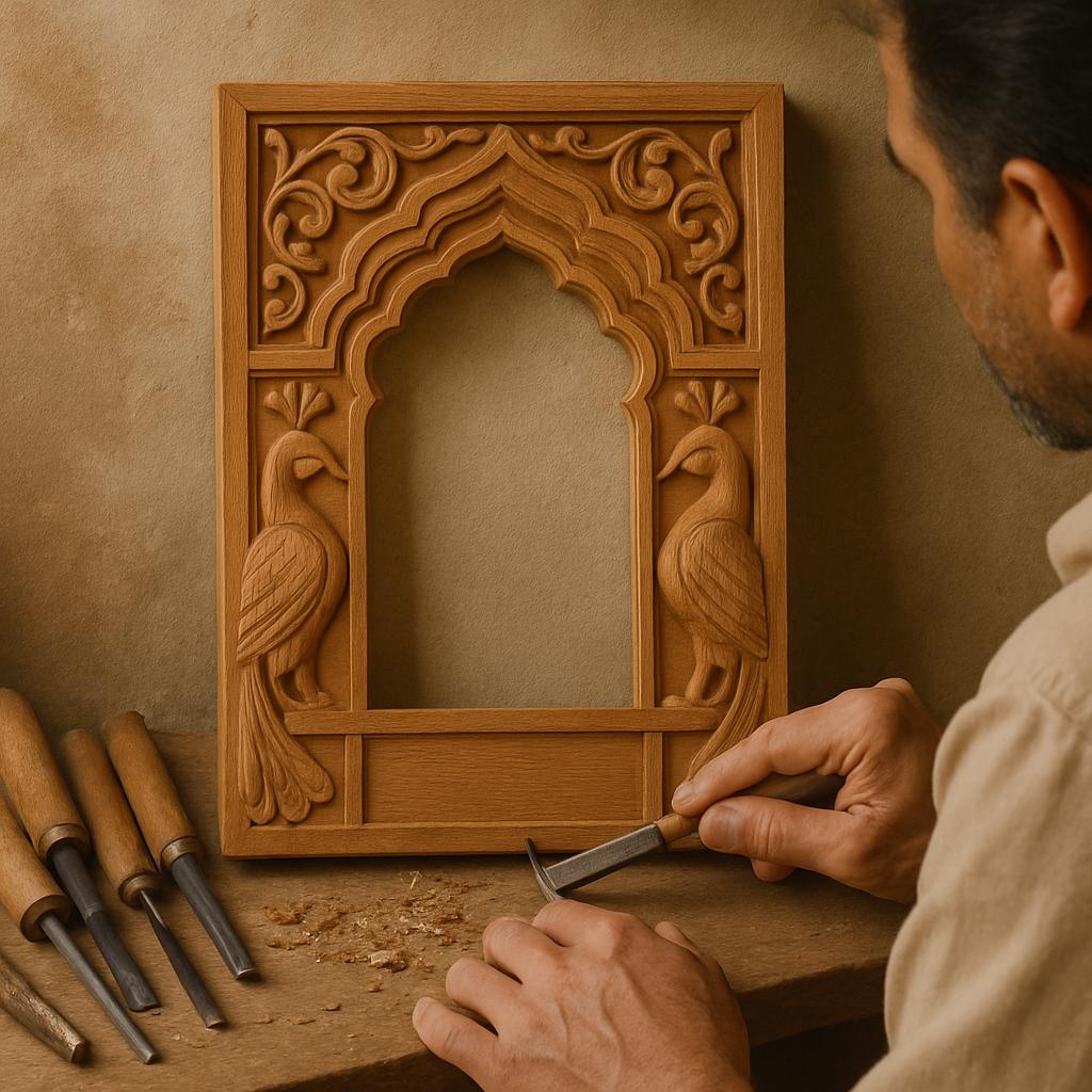 Peacock Jharokha Wall Frame - Teak Finish