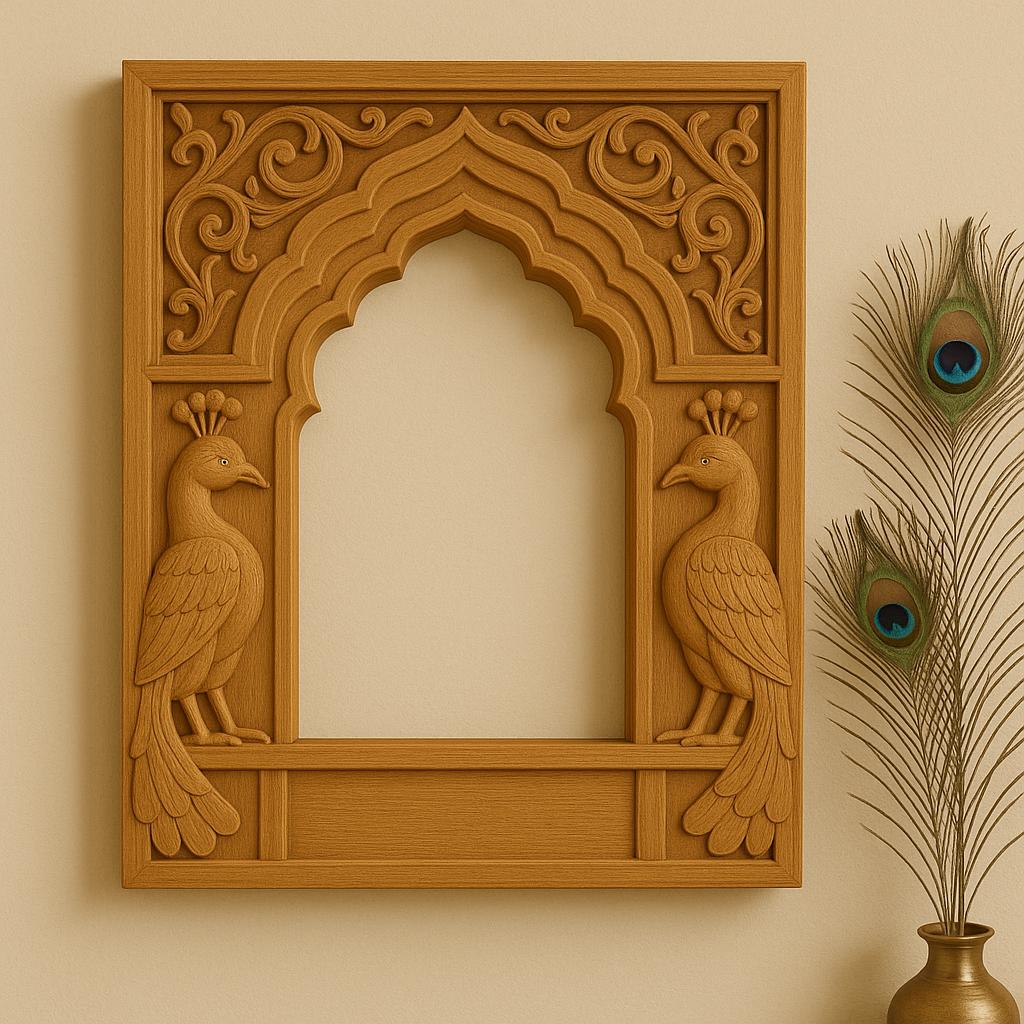 Peacock Jharokha Wall Frame - Teak Finish