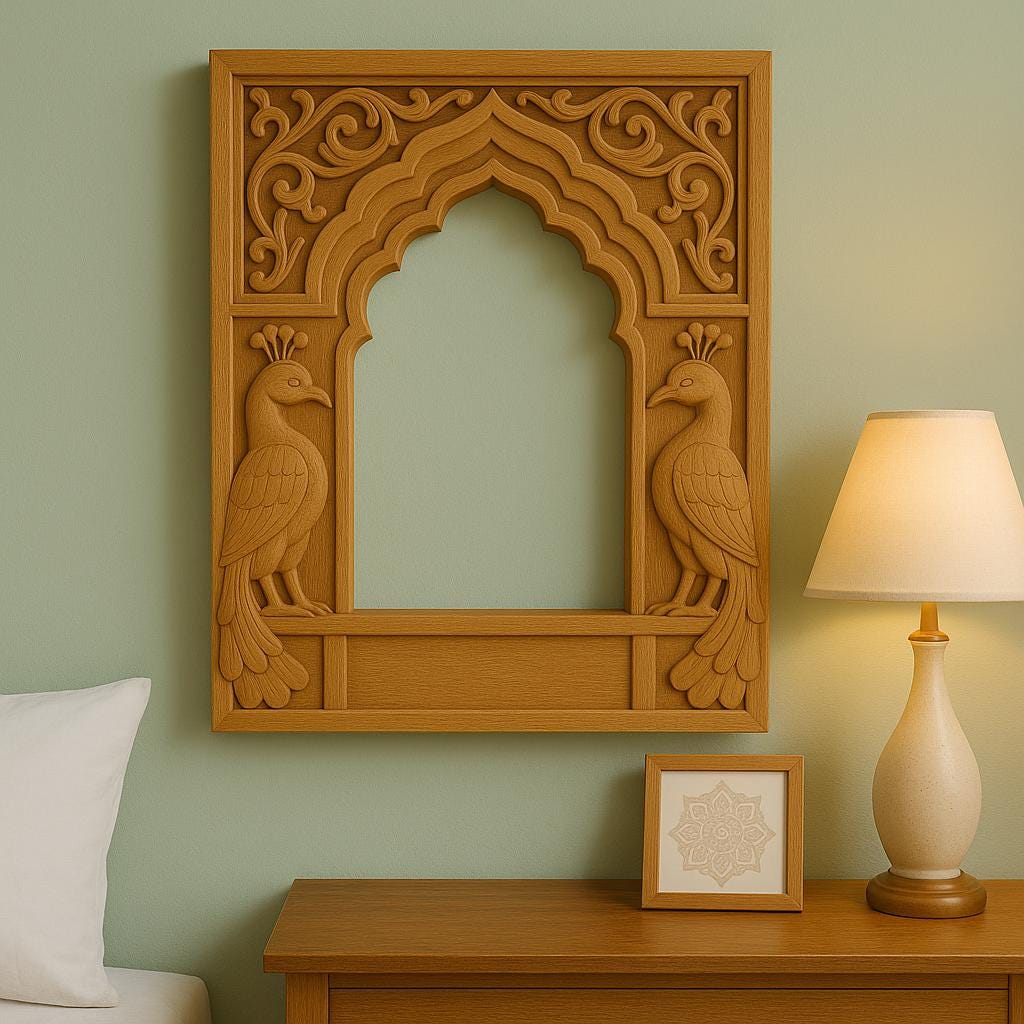 Peacock Jharokha Wall Frame - Teak Finish