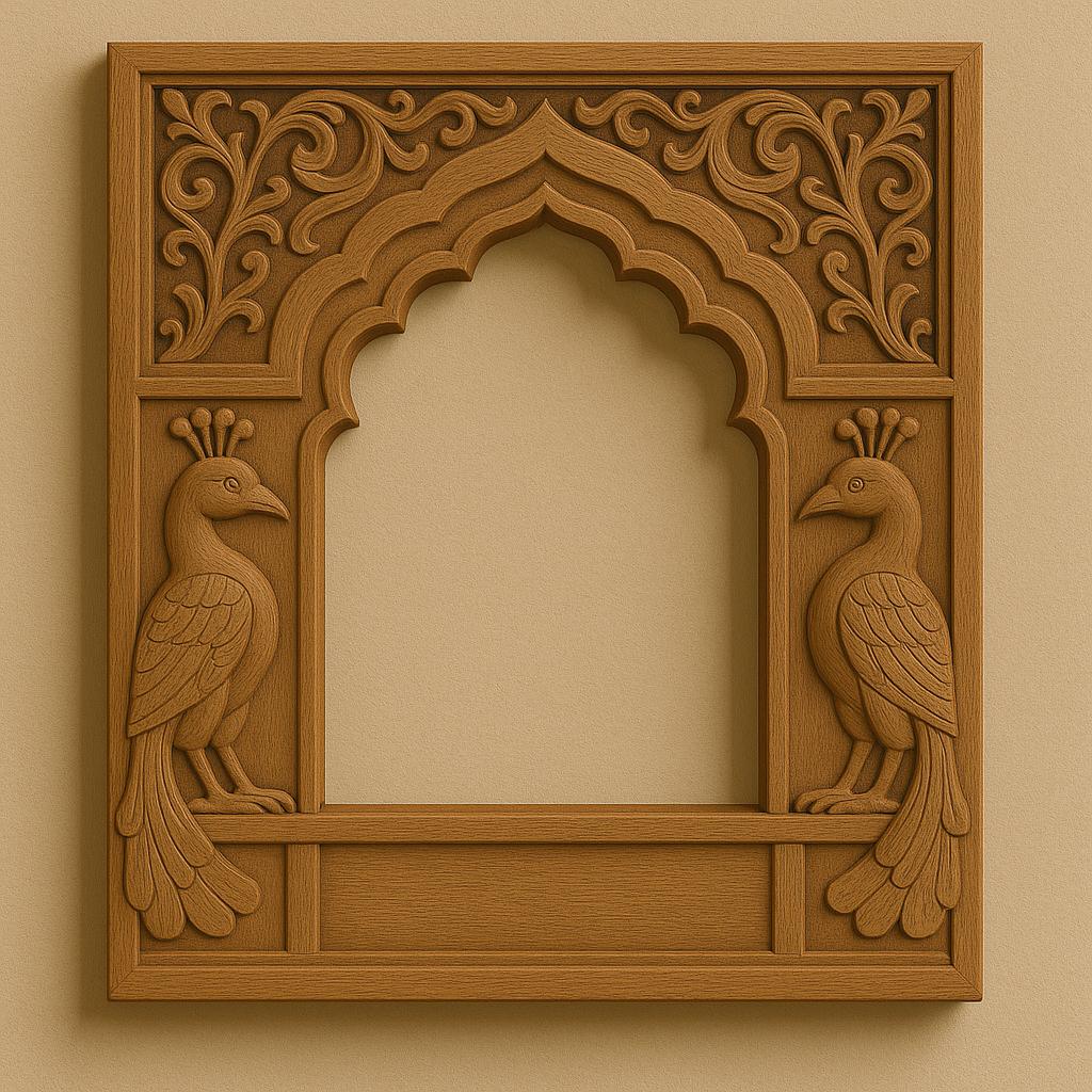 Peacock Jharokha Wall Frame - Teak Finish