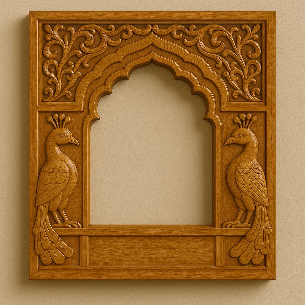 Peacock Jharokha Wall Frame - Teak Finish