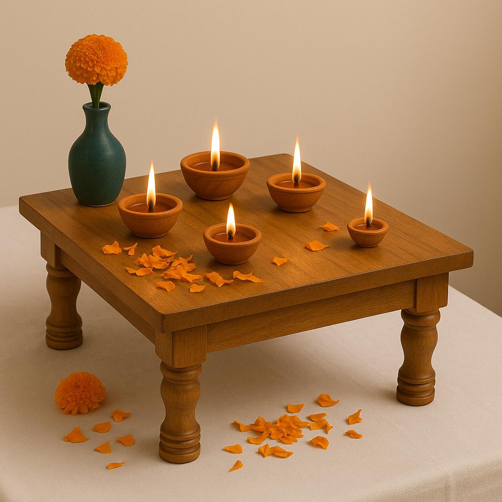 Handcrafted Solid Teak Wood Pooja Chowki | Wooden Bajot | Small Mandir Platform | Plant Stand | Home Décor Table | Made in India