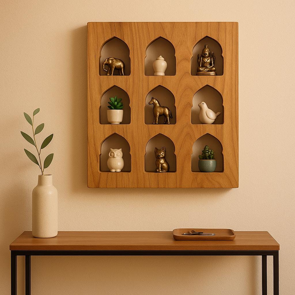 Teak Jharokha Wall Shelf - 9 Niche Wooden Display