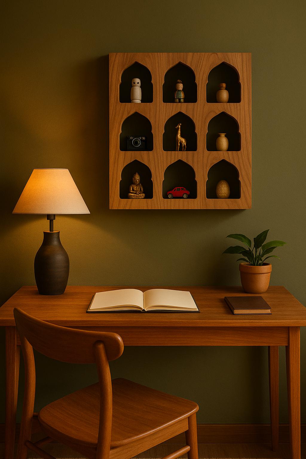 Teak Jharokha Wall Shelf - 9 Niche Wooden Display