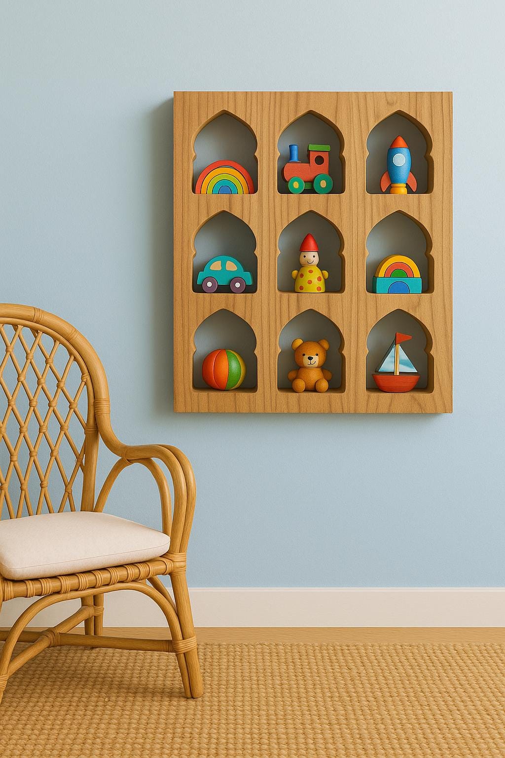 Teak Jharokha Wall Shelf - 9 Niche Wooden Display