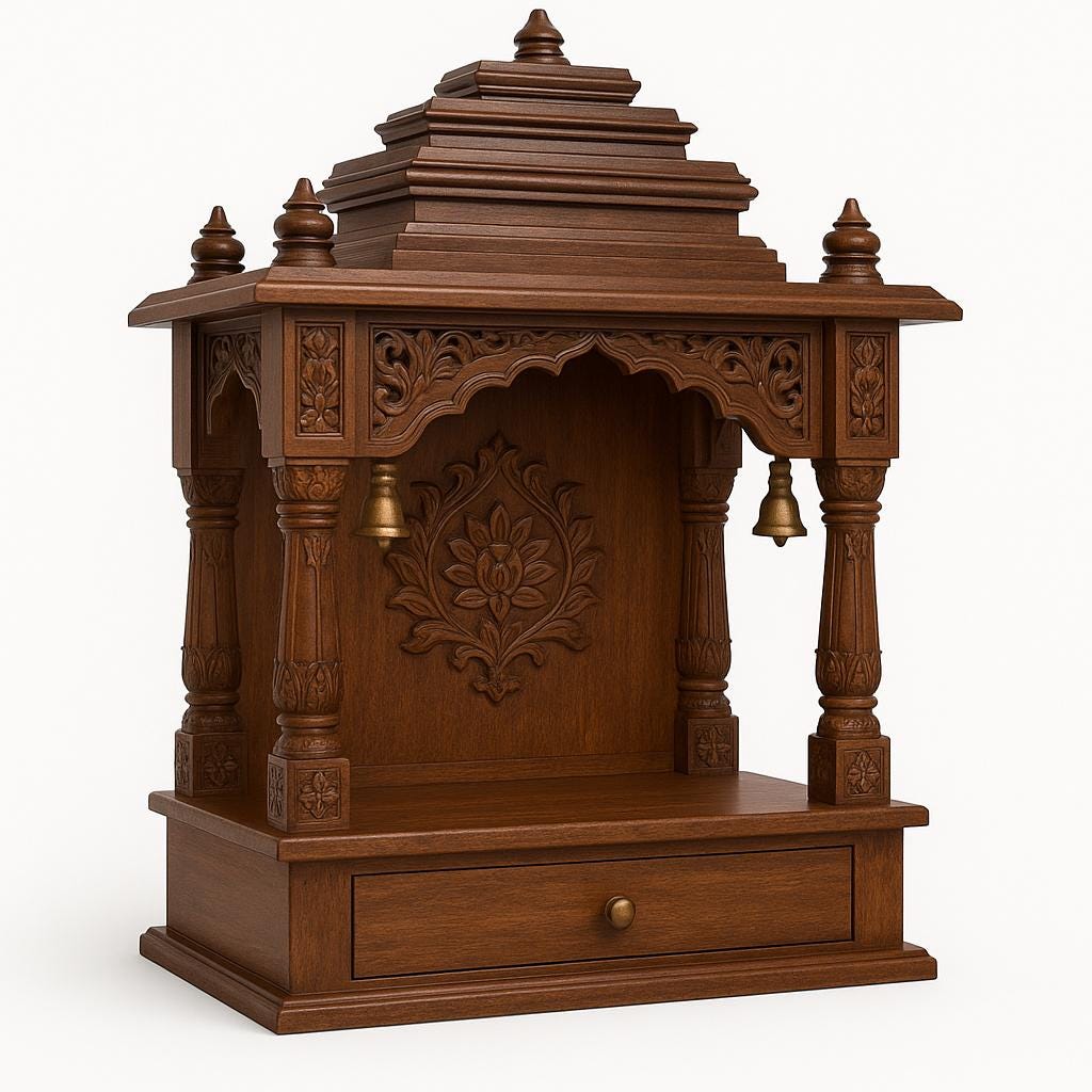 Wooden Mandir Temple - Teak Walnut with Drawer & Bells