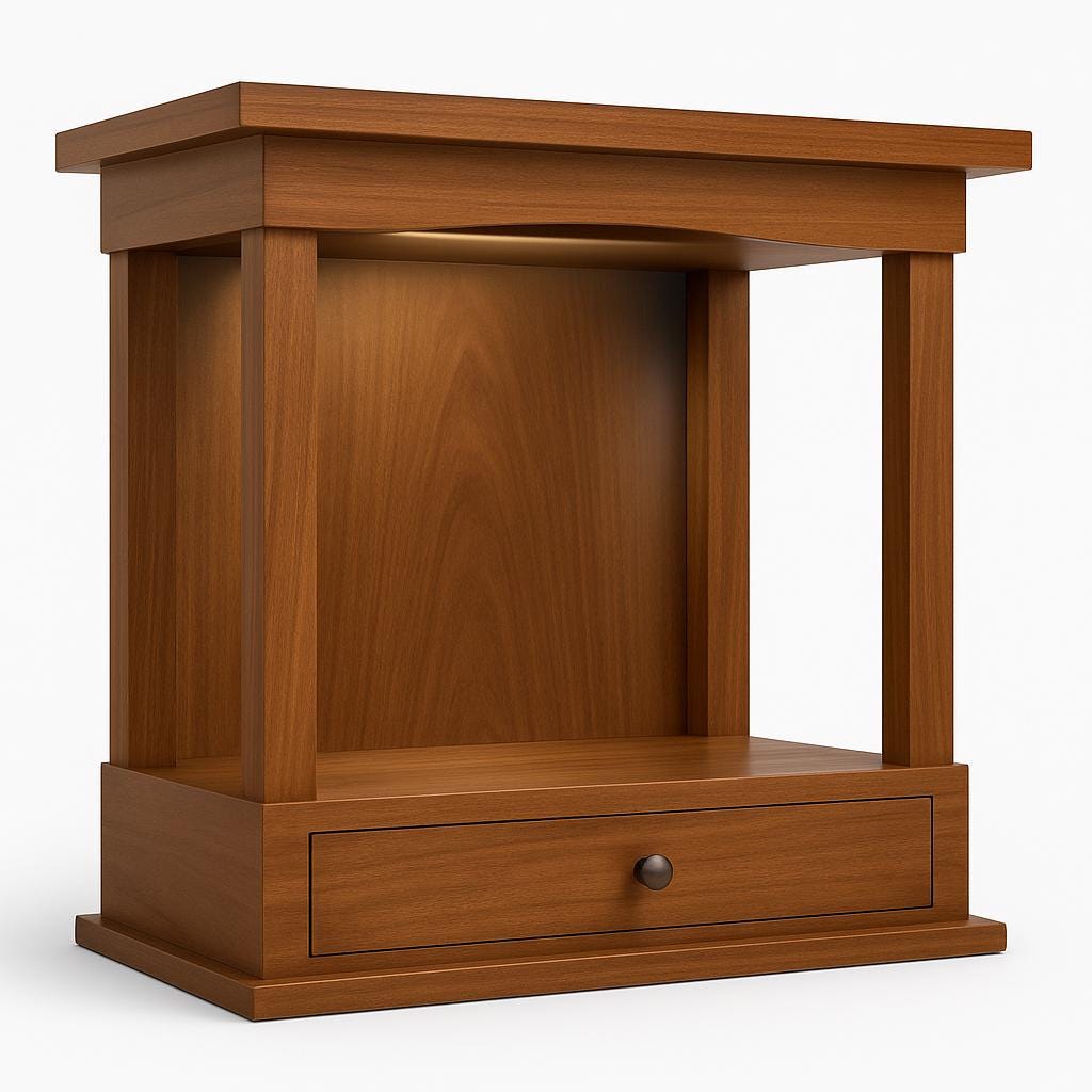 Wooden Mandir Temple - Teak Walnut with Drawer & Bells
