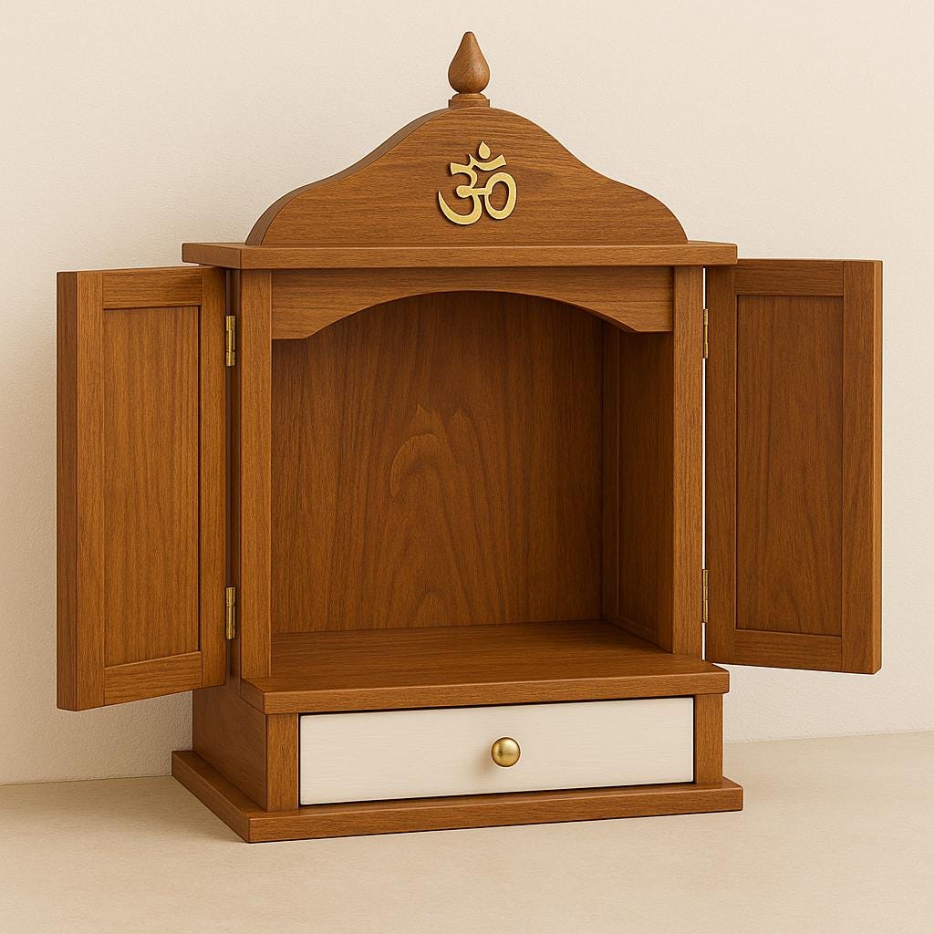 Wooden Mandir Temple - Teak Walnut with Drawer & Bells