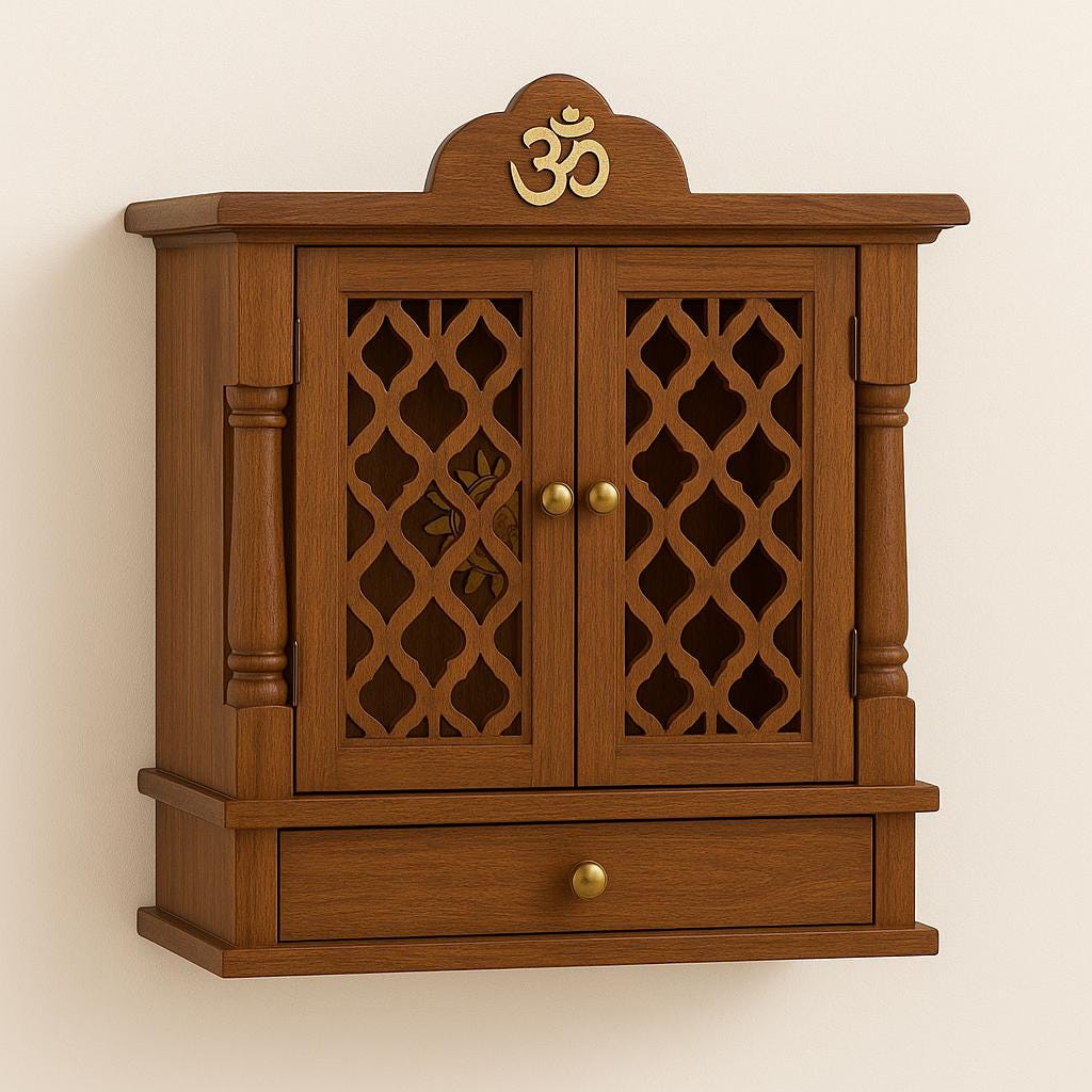 Wooden Mandir Temple - Teak Walnut with Drawer & Bells
