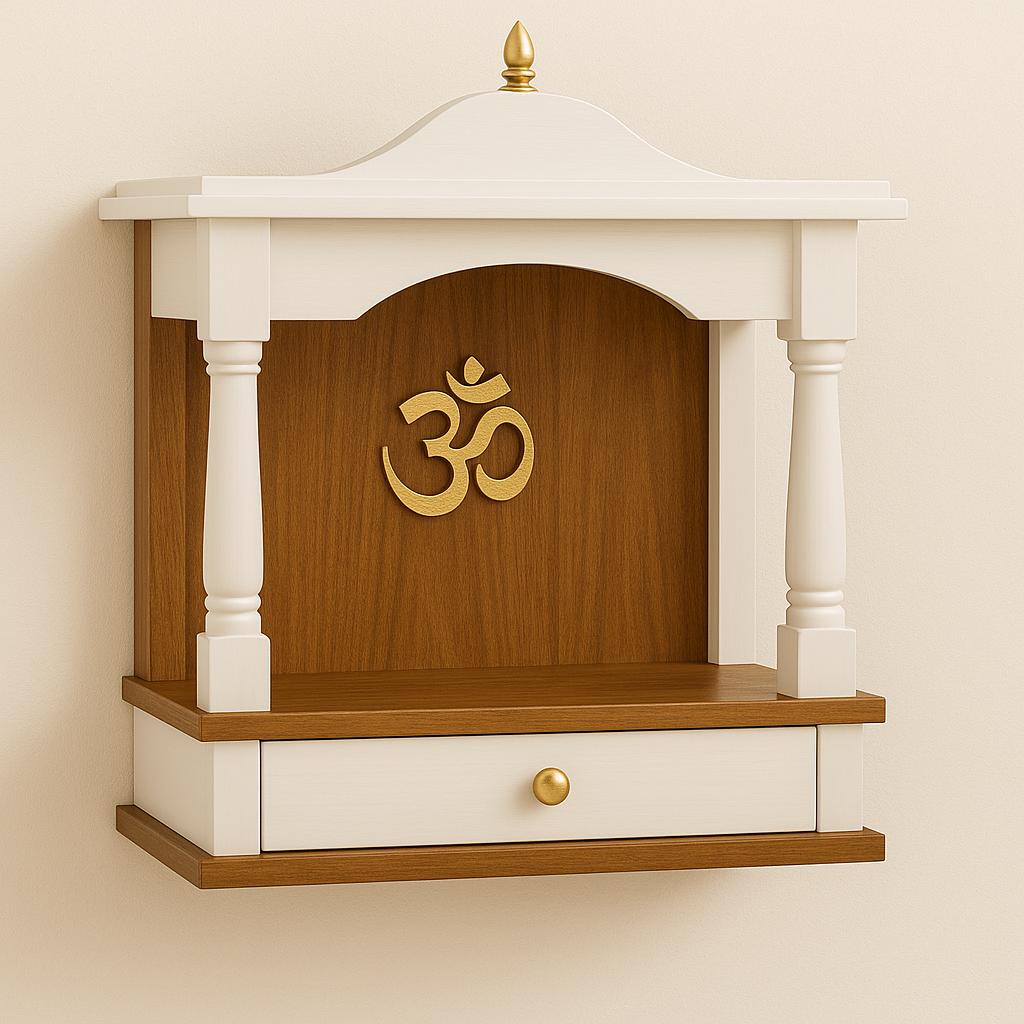 Wooden Mandir Temple - Teak Walnut with Drawer & Bells