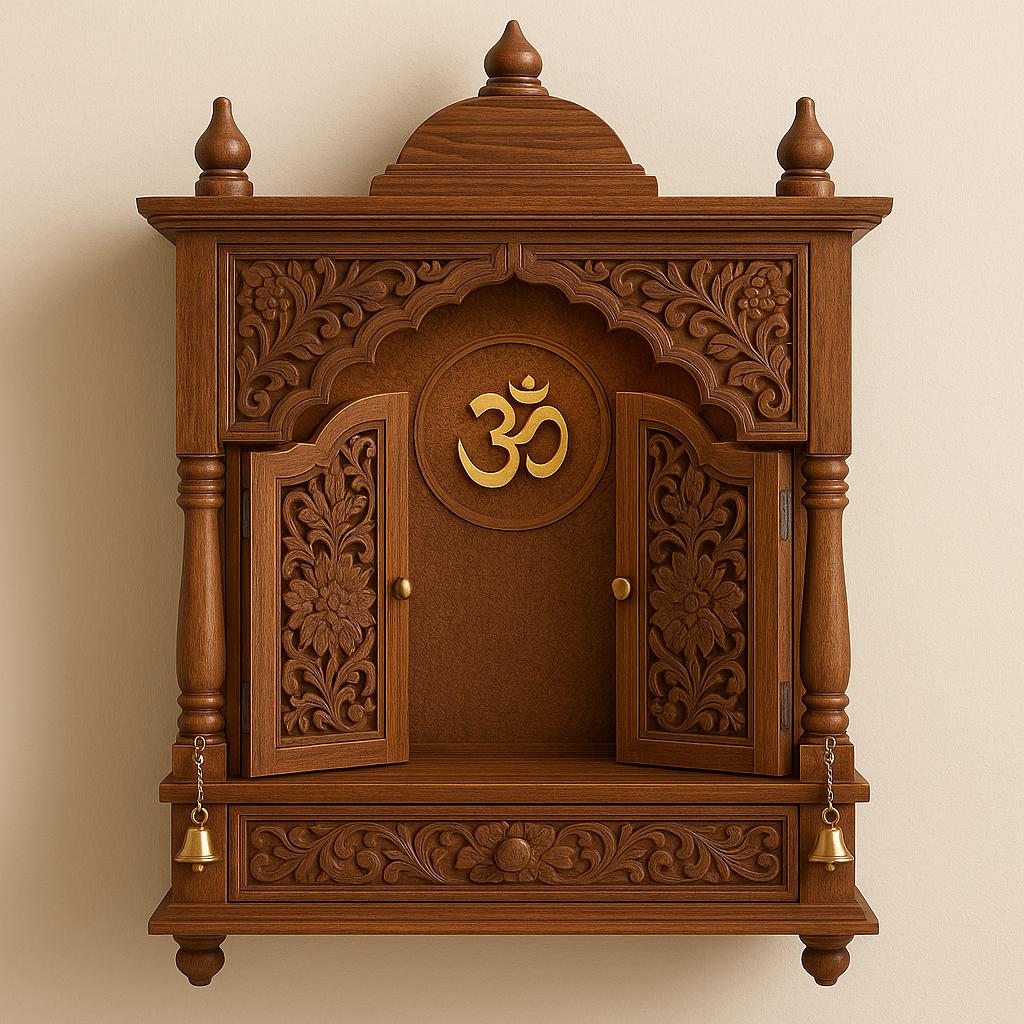 Wooden Mandir Temple - Teak Walnut with Drawer & Bells