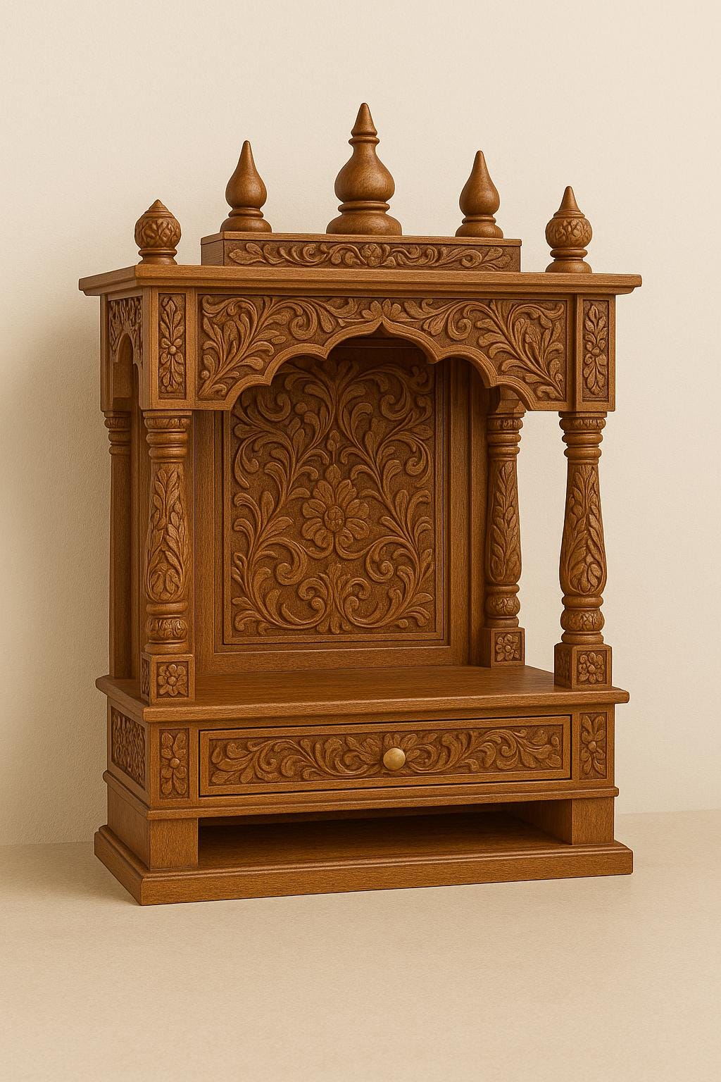 Wooden Mandir Temple - Teak Walnut with Drawer & Bells
